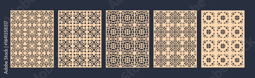 Five decorative panels with intricate geometric patterns in a repeating arrangement vector