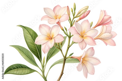 Delicate watercolor painting of a blooming branch of pale pink frangipani flowers with green leaves on a white background