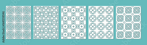 Collection of five abstract geometric patterns with intricate designs on a light blue background vector