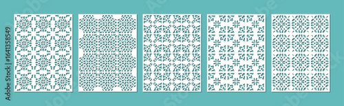 Collection of five ornamental geometric patterns in teal and white on a teal background vector