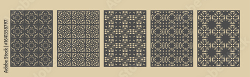 A collection of five intricate, dark geometric patterns with a subtle, lightcolored overlay vector