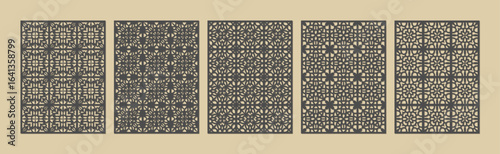 Collection of five intricate geometric patterns in dark brown on a light brown background vector