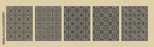 Five dark grey ornamental patterns with intricate geometric and floral motifs on a beige background vector