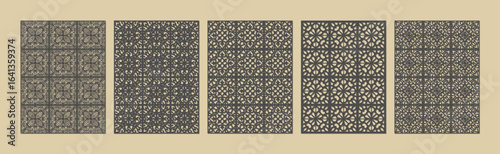 A collection of five intricate geometric patterns in varying shades of brown and beige vector