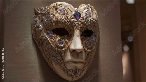 Ornate amethyst ceremonial mask with swirling carvings in pale ceramic