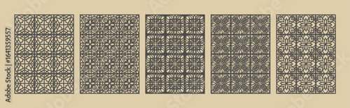 Five panels of intricate, repeating geometric patterns in a muted, antique gold color palette vector
