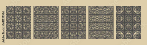 Five panels of intricate geometric patterns in dark brown on a beige background vector