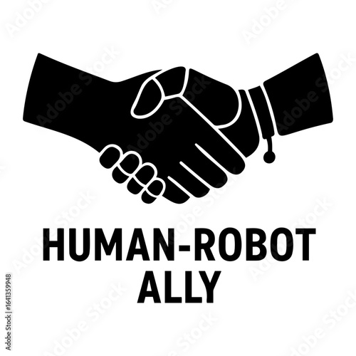 Silhouette Vector AI Icon Illustration of a handshake between a human and a robot hand in black and white