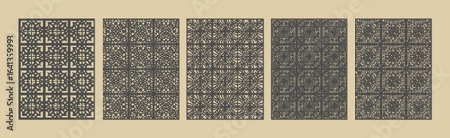 A collection of five intricate geometric patterns in shades of brown and beige vector