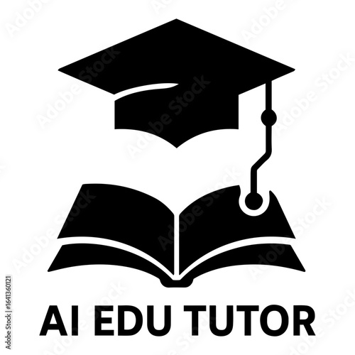 Silhouette Vector AI Icon Illustration of an open book with a graduation cap on top ai edu tutor text