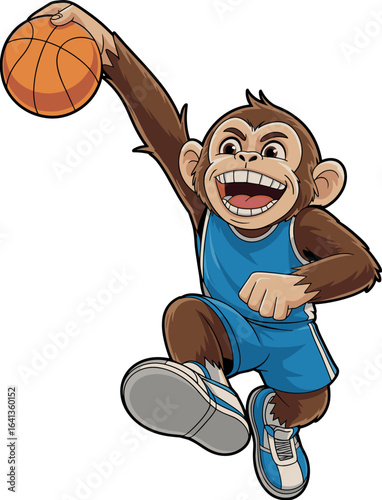 Cartoon monkey playing basketball, blue jersey, slam dunk pose, mid-air action, smiling expression, athletic animal, fun sports illustration