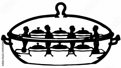 Illustration of a covered dish with multiple smaller covered dishes inside, black and white graphics silhouette