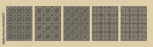 Collection of five vintage patterned tiles with intricate geometric designs in dark brown vector