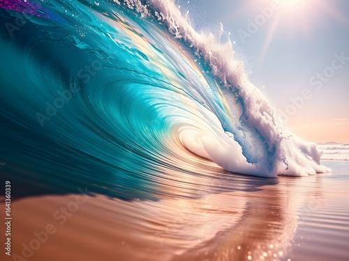 Ultra-HD Colorful Wave Crashing on Serene Beach with Vibrant Turquoise, Pink, Purple, Orange, and Gold – Dreamy Seaside Scene (AI Generated)