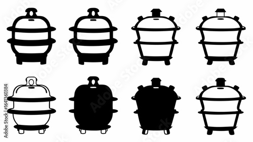 Eight stylized vessels with rounded tops and banded bodies in varying shades of black and white hues silhouette
