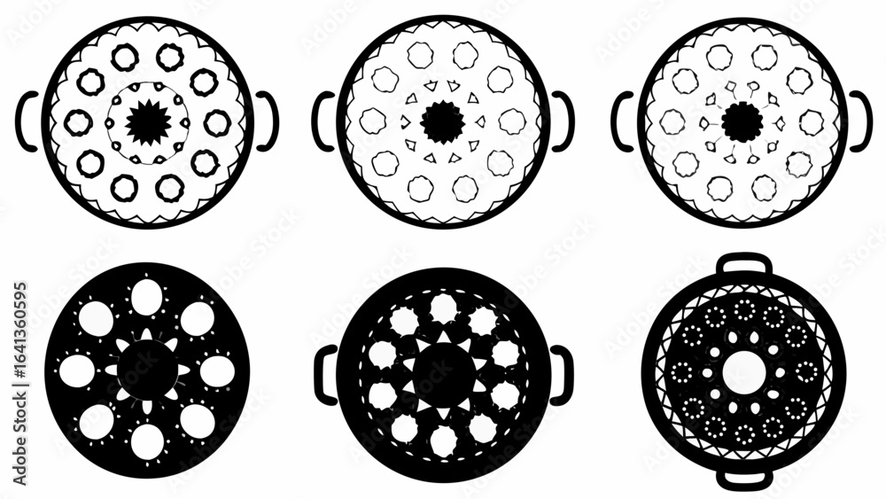 Six stylized oval shapes with intricate geometric patterns and handles arranged in two rows of three silhouette Six stylized oval shapes with intricate geometric patterns and handles arranged in two rows of three silhouette