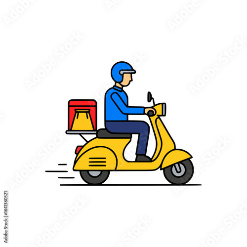 Courier wearing a helmet rides swiftly through the streets on a yellow moped, delivering fresh restaurant meals