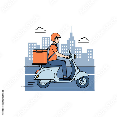 Food delivery worker rides past tall buildings under a clear sky, transporting orders quickly and efficiently