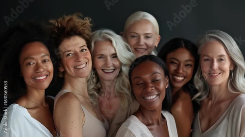 The features collection women with diverse ethnic backgrounds, ages, grouped together against dark backdrop. Each woman smiles, reflecting natural beauty, inner confidence