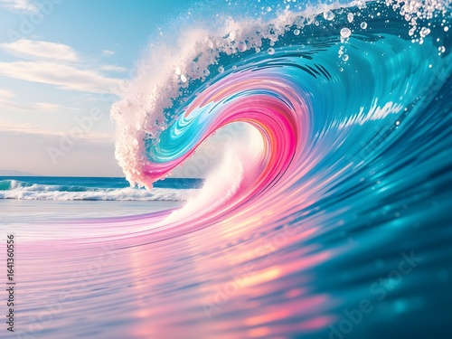 Ultra-HD Colorful Wave Crashing on Serene Beach with Vibrant Turquoise, Pink, Purple, Orange, and Gold – Dreamy Seaside Scene (AI Generated)