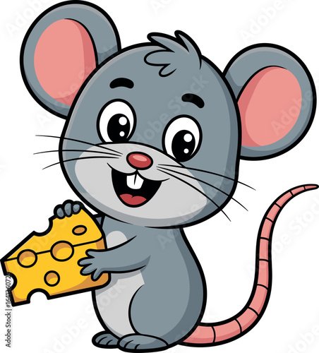 Cartoon mouse character, gray body, large ears with pink inner parts, long pink tail, wide eyes, smiling mouth with two front teeth, holding yellow cheese, standing upright, cheerful and playful 
