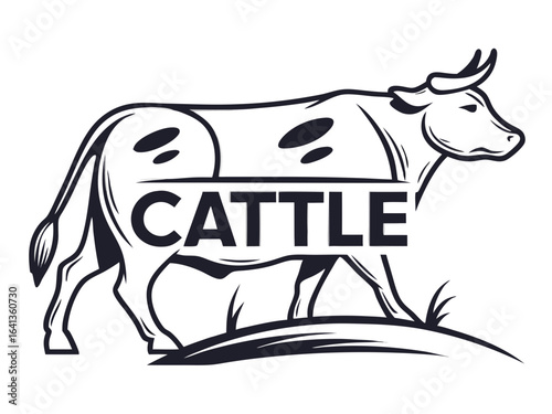 Farm Fresh Logo of Catttel Company. A stylized, vintage-inspired logo for Cattel featuring a profile of a cow in a circle, with a ribbon banner displaying the company name and with a field backgroun