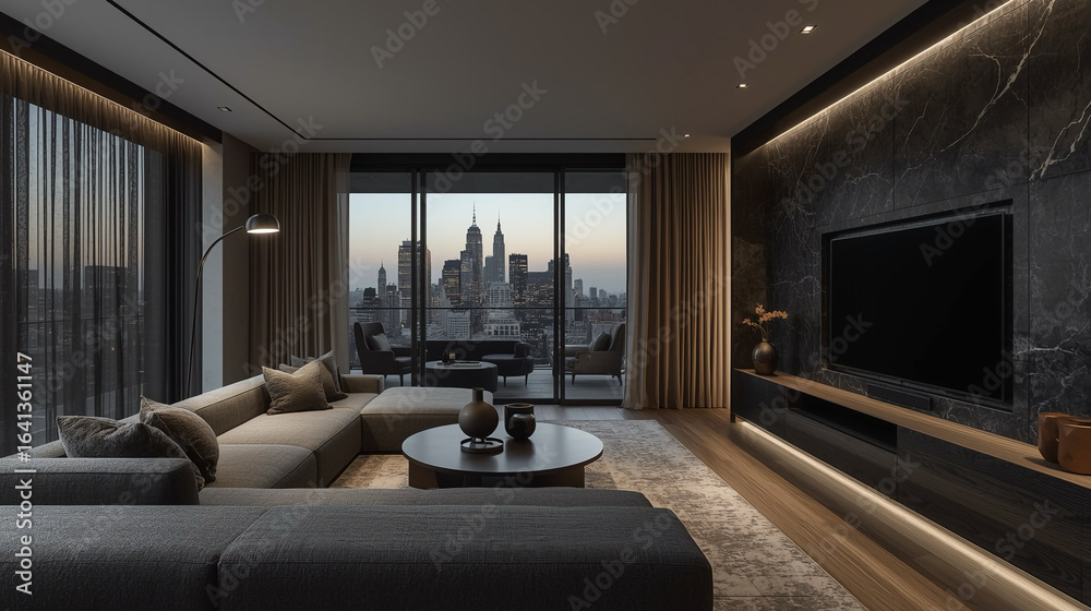 Fototapeta premium Modern Minimalist Living Room With City Skyline View Interior Design