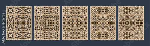 Collection of five decorative laser cut panels with intricate geometric patterns vector