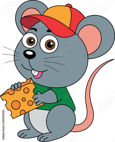 Cartoon mouse character, wearing red and yellow cap and green shirt, holding yellow cheese with both hands, large round ears, long pink tail, standing upright, happy expression