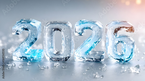 Ice sculpture of the year 2026, featuring clear and blue-tinted numbers, surrounded by crushed ice on a reflective surface, symbolizing the arrival of a new year. Selective focus