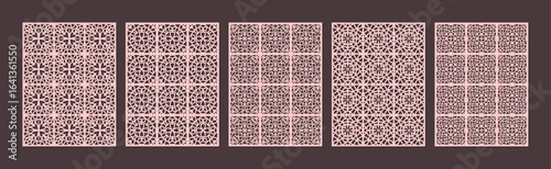 Collection of five intricate geometric patterns in a repeating tile design, presented in pink vector