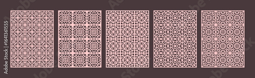 A collection of five intricate geometric patterns in a repeating motif, displayed side by side vector