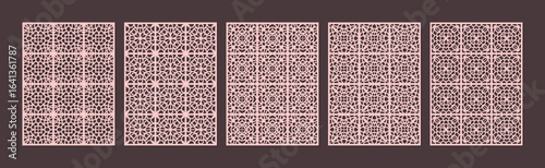 Set of five decorative laser cut panel patterns in pink and brown tones vector