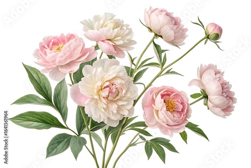 A delicate bouquet of soft pink and white peonies with lush green leaves against a clean white background