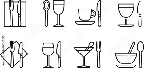 Elegant Table Setting Icons Set Outline Style Utensils for Dining Experience and Culinary Art