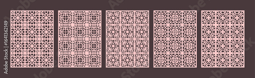 Set of five intricate geometric laser cut panel patterns in pink tone vector