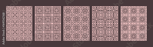 A collection of five abstract geometric patterns in a pink and dark brown color scheme vector