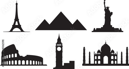 Iconic World Landmarks Silhouette Collection Eiffel Tower Pyramids Statue of Liberty Colosseum