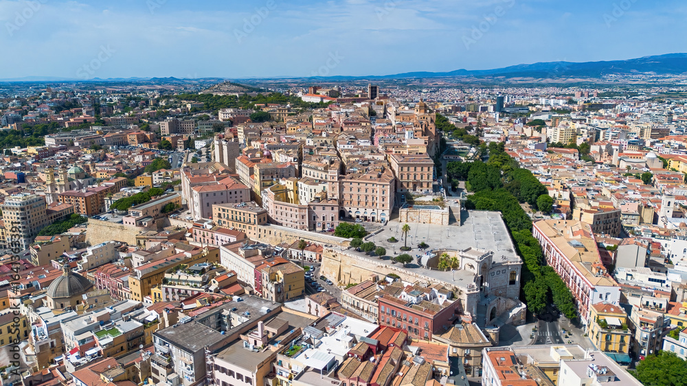 Fototapeta premium Aerial view of the Castello, the old medieval town of Cagliari, the capital city of Sardinia, an Italian island of the Mediterranean Sea