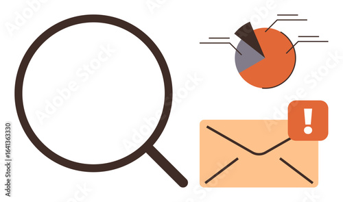 Magnifying glass, pie chart with data, and envelope with alert icon highlight analysis, research, insights, teamwork, communication, reporting decision-making processes. Ideal for conceptual