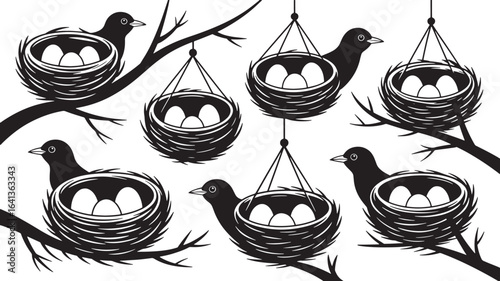Bird Nest Collection Silhouette Drawing Nestling Bird Eggs Springtime Nature Design