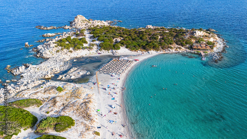 Schilderij op canvas Aerial view of the beach of Punta Molentis, a sandy isthmus near Villasimius on