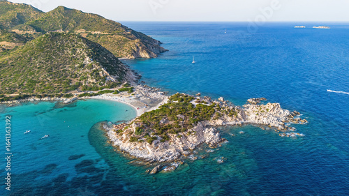 Photography Aerial view of the beach of Punta Molentis, a sandy isthmus near Villasimius on