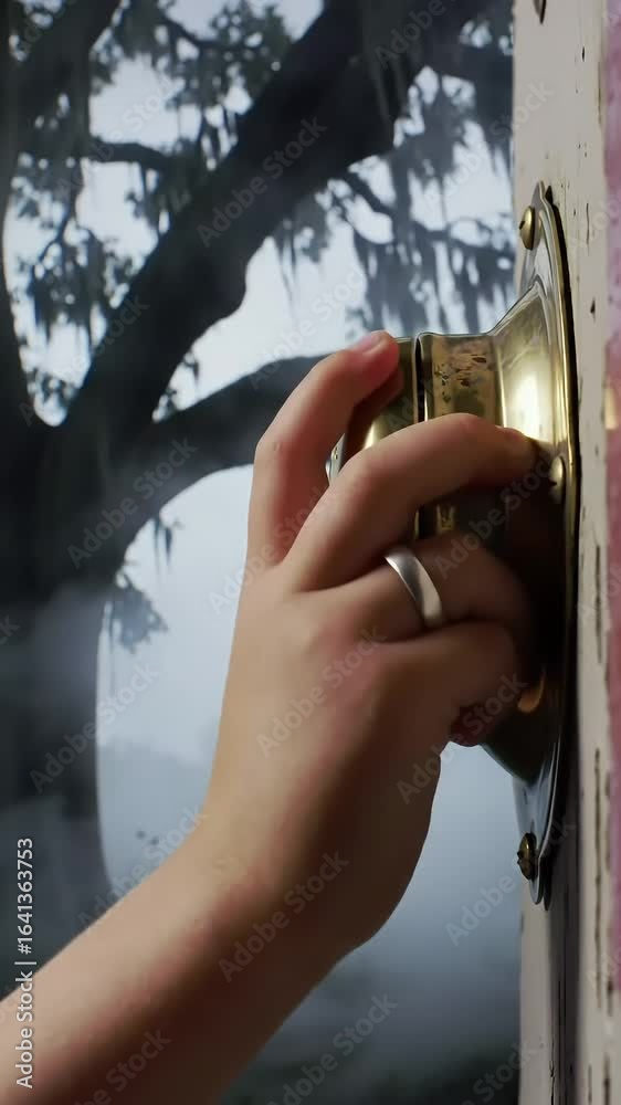 Brave childs hand rings doorbell on a spooky, fog-shrouded porch, creating an eerie atmosphere. Brave childs hand rings doorbell on a spooky, fog-shrouded porch, creating an eerie atmosphere.