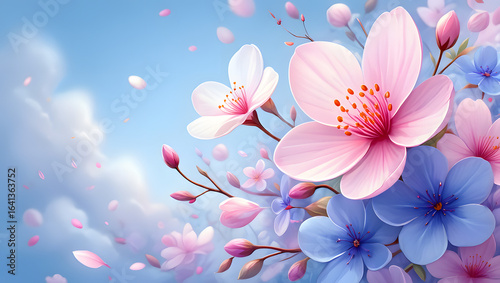 Blossom Dreams: Delicate cherry blossoms and other colorful blooms dance against a soft blue sky, creating a serene and enchanting spring tableau.
