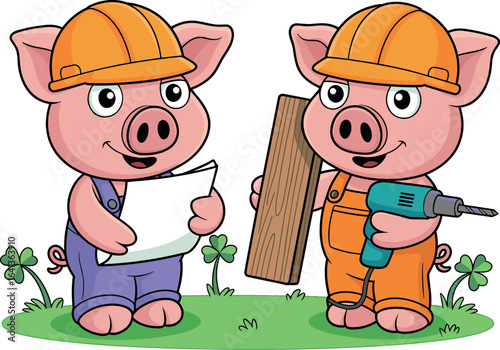 Cartoon pigs as construction workers, orange hard hats, overalls, blueprint, wooden plank, power drill, grassy patch, playful builder scene