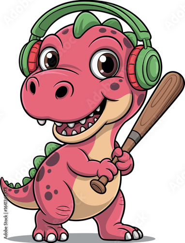 Cartoon pink dinosaur, green spots, cream belly, headphones, baseball bat, cheerful expression, fun character design, playful prehistoric illustration
