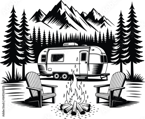 Vintage Camper Van in Forest with Campfire, Black and White Retro Travel Trailer Illustration, Adventure and Nature Camping Scene