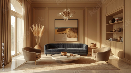 Modern Beige Living Room Interior Design with Velvet Sofa and Artwork