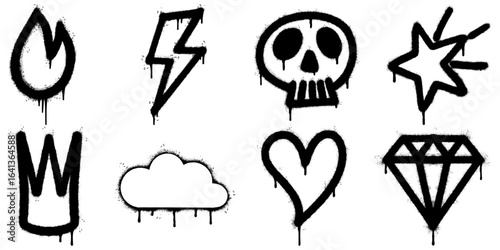 collection of black graffiti stencil icons with dripping paint effect, including fire, lightning bolt, skull, star, crown, cloud, heart, and diamond.